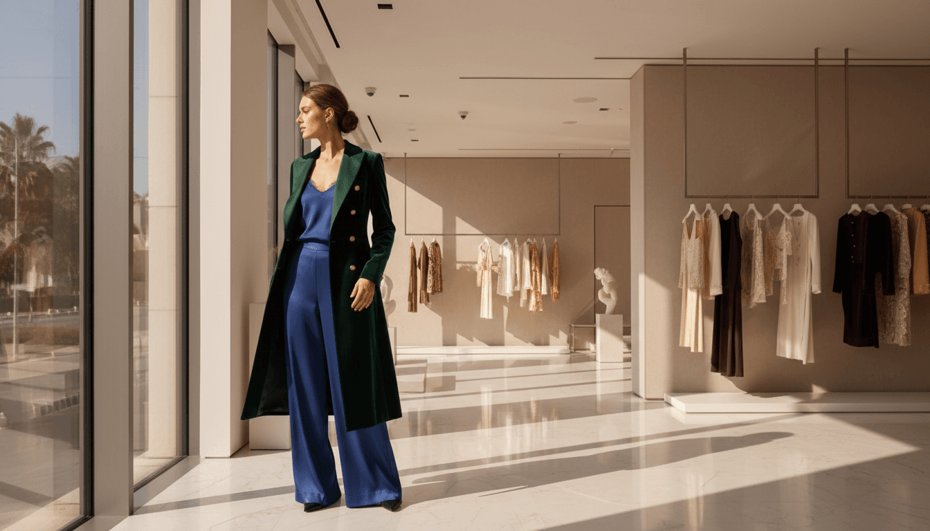 Woman browsing luxury clothing in a modern showroom