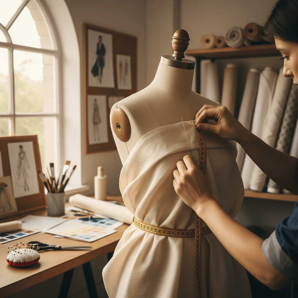 Luxury tailor adjusting fabric on dress form in bright studio